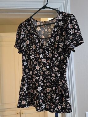 Floral Faux Wrap Peplum Blouse - Black with Cream & Blush Flowers